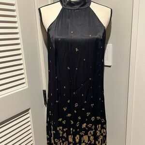 Anthropologie Black Halter Midi Dress with Gold Embellishment